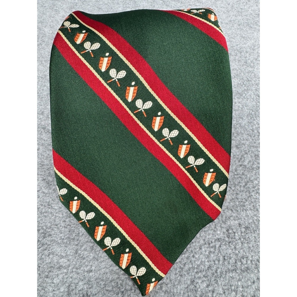 Vintage Tennis Racket Tie Green Red Stripe Preppy‎ Club Necktie